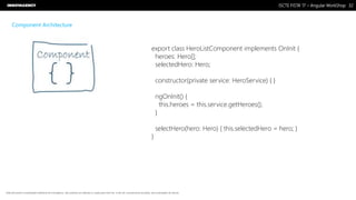 Nome do Documento / Cliente / 13.03.17 / 3232ISCTE FISTA’ 17 – Angular WorkShop
Este documento é propriedade intelectual de Innovagency, não podendo ser alterado ou usado para outro fim, a não ser o previamente acordado, sem autorização da mesma.
Component Architecture
export class HeroListComponent implements OnInit {
heroes: Hero[];
selectedHero: Hero;
constructor(private service: HeroService) { }
ngOnInit() {
this.heroes = this.service.getHeroes();
}
selectHero(hero: Hero) { this.selectedHero = hero; }
}
 