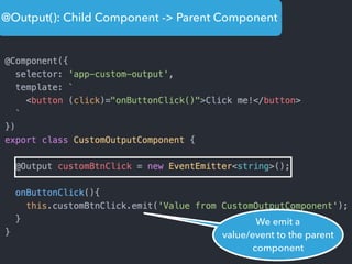 @Output(): Child Component -> Parent Component
We emit a
value/event to the parent
component
 