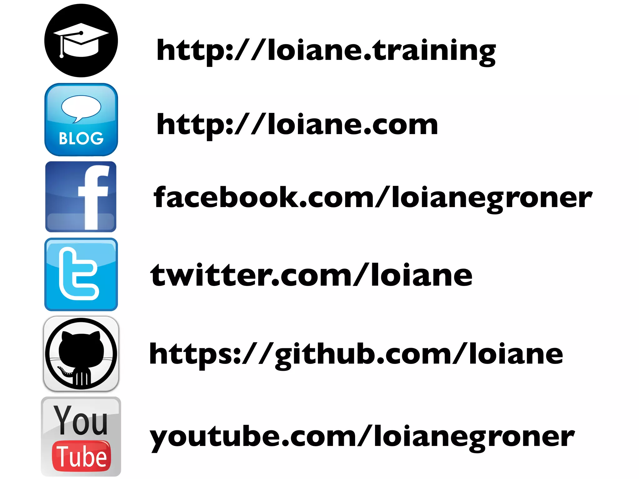 http://loiane.com
facebook.com/loianegroner
twitter.com/loiane
https://github.com/loiane
youtube.com/loianegroner
http://loiane.training
 