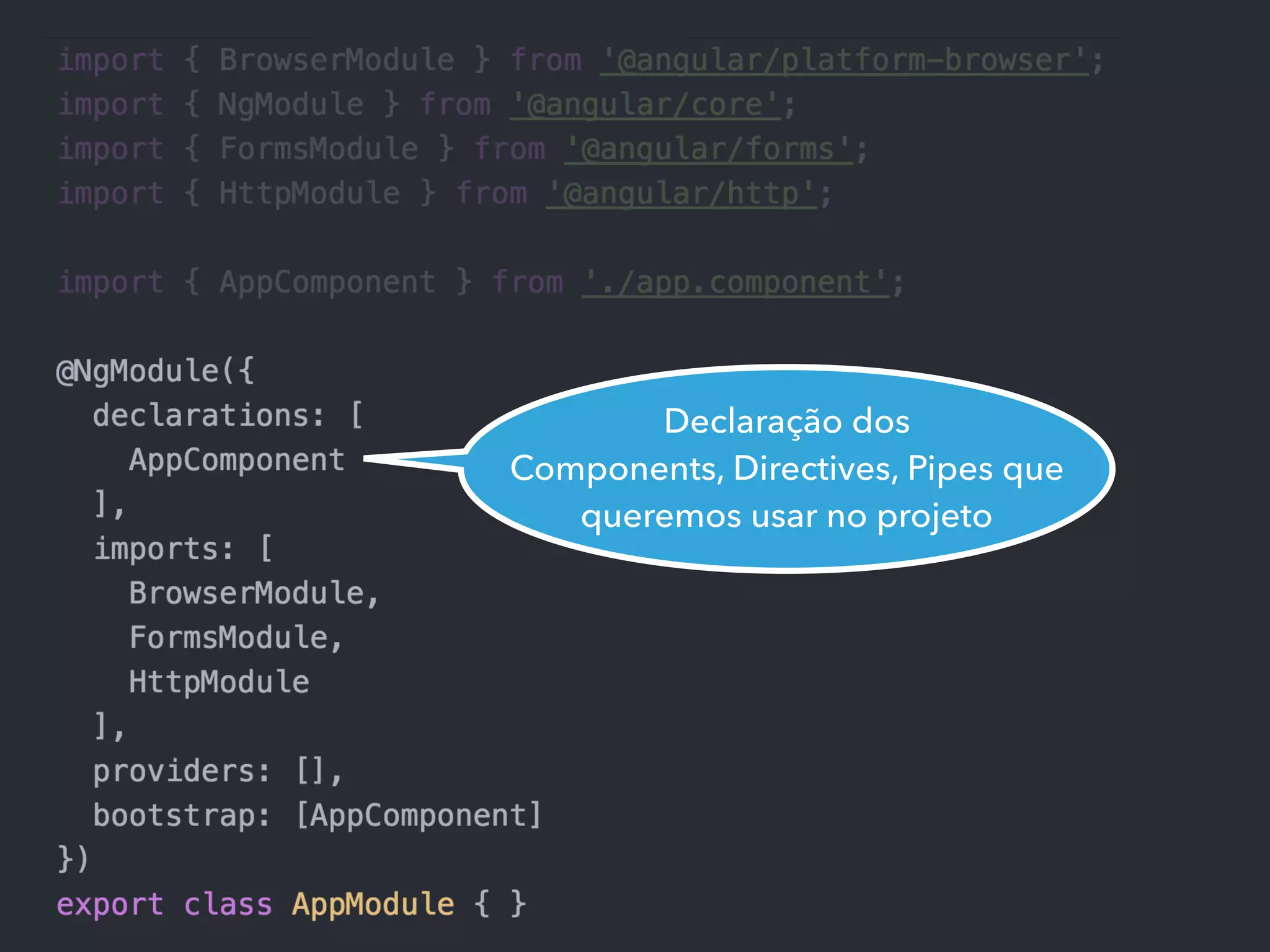 Declaração dos
Components, Directives, Pipes que
queremos usar no projeto
 