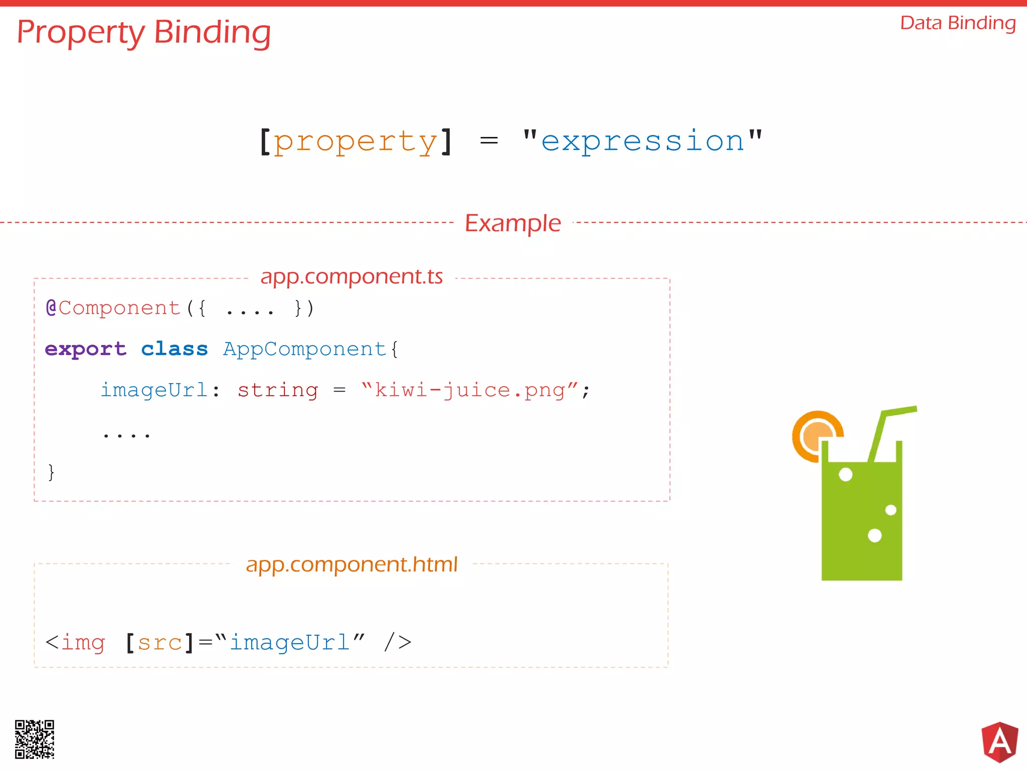 Property Binding Data Binding
[property] = "expression"
Example
@Component({ .... })
export class AppComponent{
imageUrl: string = “kiwi-juice.png”;
....
}
app.component.ts
<img [src]=“imageUrl” />
app.component.html
 