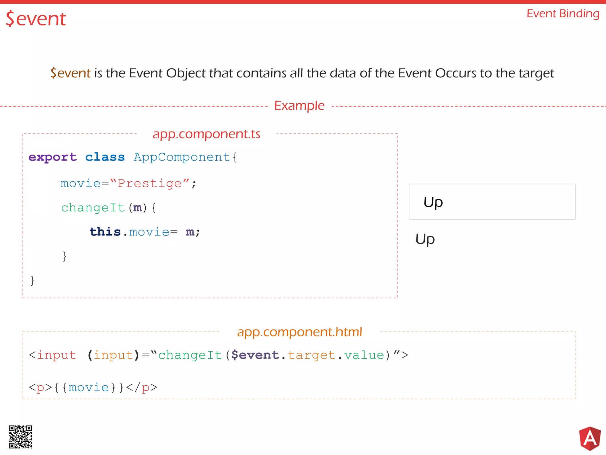 Prestige
$event Event Binding
Example
export class AppComponent{
movie=“Prestige”;
changeIt(m){
this.movie= m;
}
}
<input (input)=“changeIt($event.target.value)”>
<p>{{movie}}</p>
app.component.html
app.component.ts
$event is the Event Object that contains all the data of the Event Occurs to the target
Up
Up
 