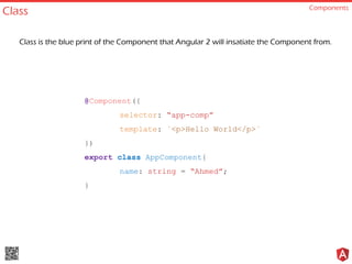 Class Components
@Component({
selector: “app-comp”
template: `<p>Hello World</p>`
})
export class AppComponent{
name: string = “Ahmed”;
}
Class is the blue print of the Component that Angular 2 will insatiate the Component from.
 