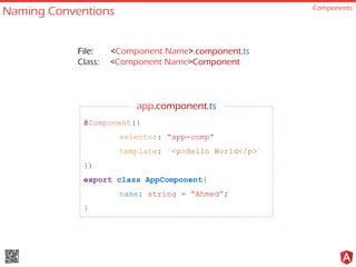 Naming Conventions Components
@Component({
selector: “app-comp”
template: `<p>Hello World</p>`
})
export class AppComponent{
name: string = “Ahmed”;
}
File: <Component Name>.component.ts
Class: <Component Name>Component
app.component.ts
 