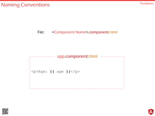 Naming Conventions Templates
<p>Age: {{ age }}</p>
File: <Component Name>.component.html
app.component.html
 