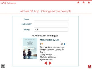 LAB Advanced
Movies DB App : Change Movie Example
Name
Nationality
Rating 4.5
I’m Ahmed. I’m from Egypt
4.5
Manchester by Sea
Director: Kenneth Lonergan
Writer: Kenneth Lonergan
Stars:
Casey Affleck,
Michelle Williams,
Kyle Chandler
8
 
