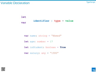 Variable Declaration TypeScript
identifier : type = value
var name: string = “Ahmed”
let age: number = 17
let isStudent: boolean = True
var salary: any = “1900”
let
var
 