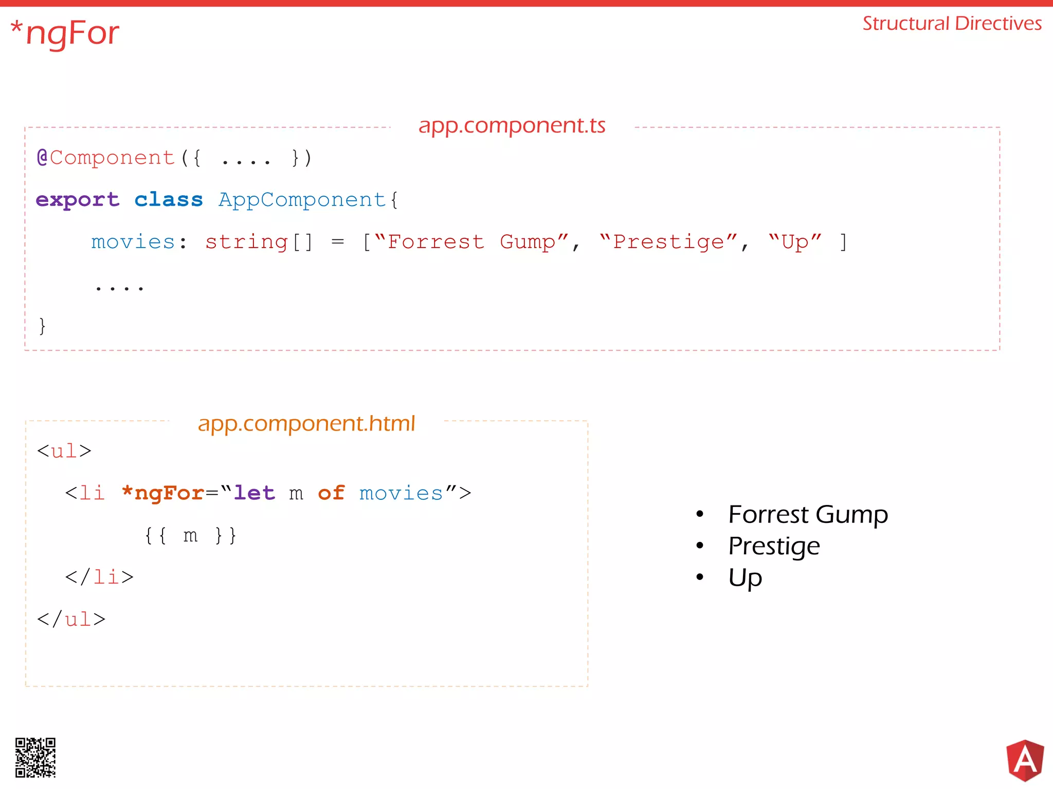 *ngFor Structural Directives @Component({ .... }) export class AppComponent{ movies: string[] = [“Forrest Gump”, “Prestige”, “Up” ] .... } <ul> <li *ngFor=“let m of movies”> {{ m }} </li> </ul> app.component.html • Forrest Gump • Prestige • Up app.component.ts 