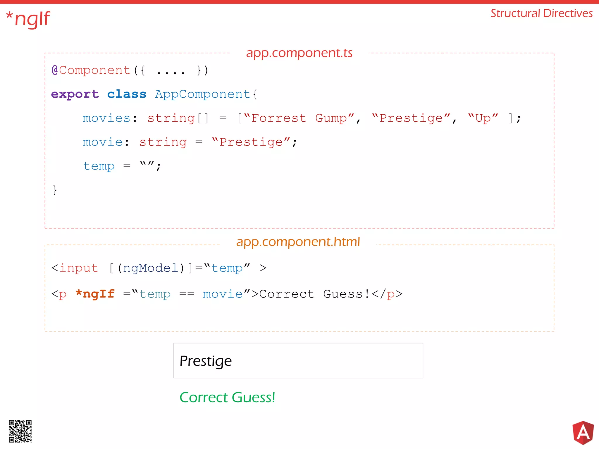 *ngIf Structural Directives @Component({ .... }) export class AppComponent{ movies: string[] = [“Forrest Gump”, “Prestige”, “Up” ]; movie: string = “Prestige”; temp = “”; } <input [(ngModel)]=“temp” > <p *ngIf =“temp == movie”>Correct Guess!</p> app.component.html Correct Guess! app.component.ts Prestige 