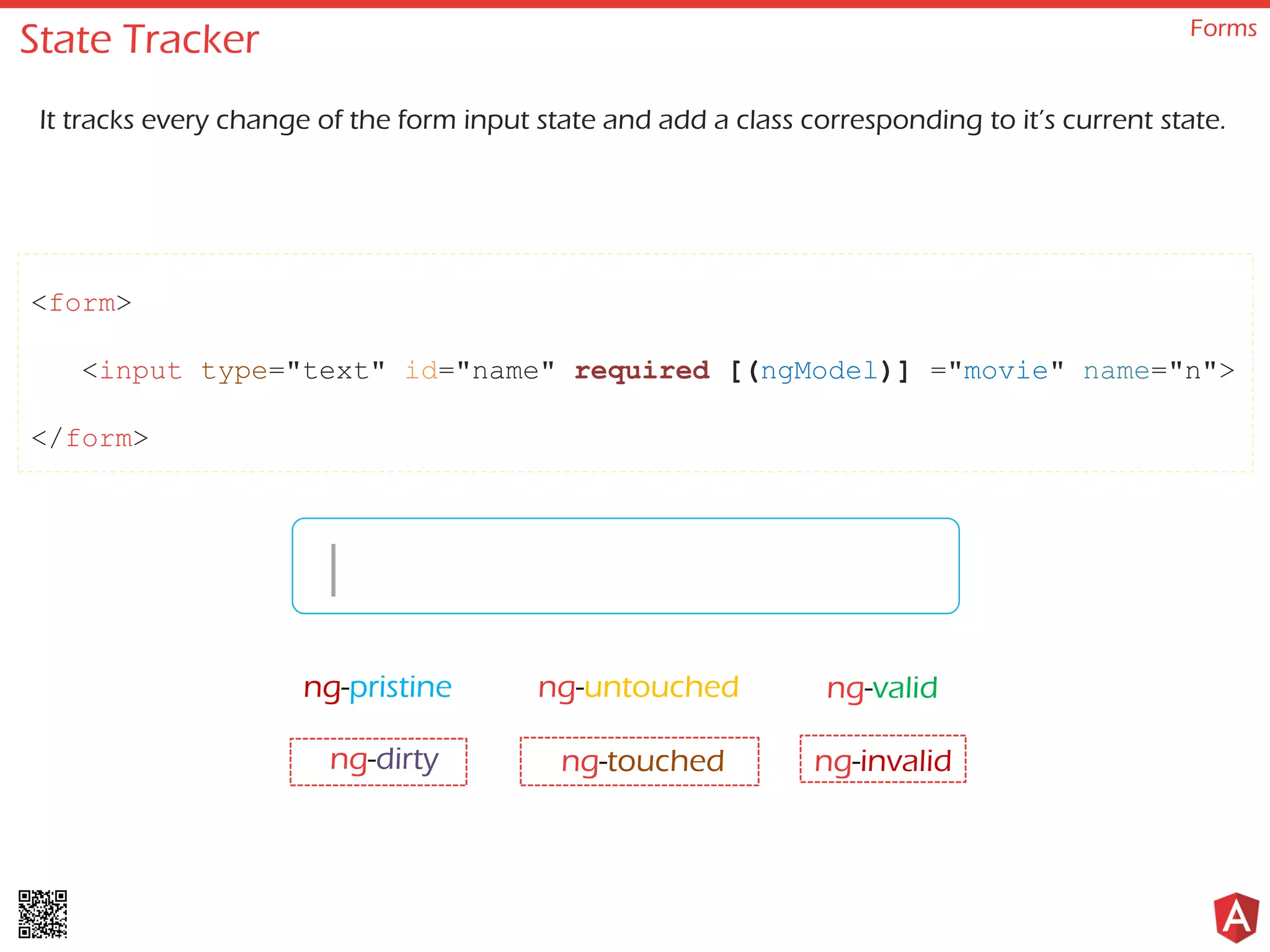 State Tracker Forms It tracks every change of the form input state and add a class corresponding to it’s current state. <form> <input type="text" id="name" required [(ngModel)] ="movie" name="n"> </form> Prestige ng-pristine ng-untouched ng-invalidng-dirty ng-touched ng-valid | 