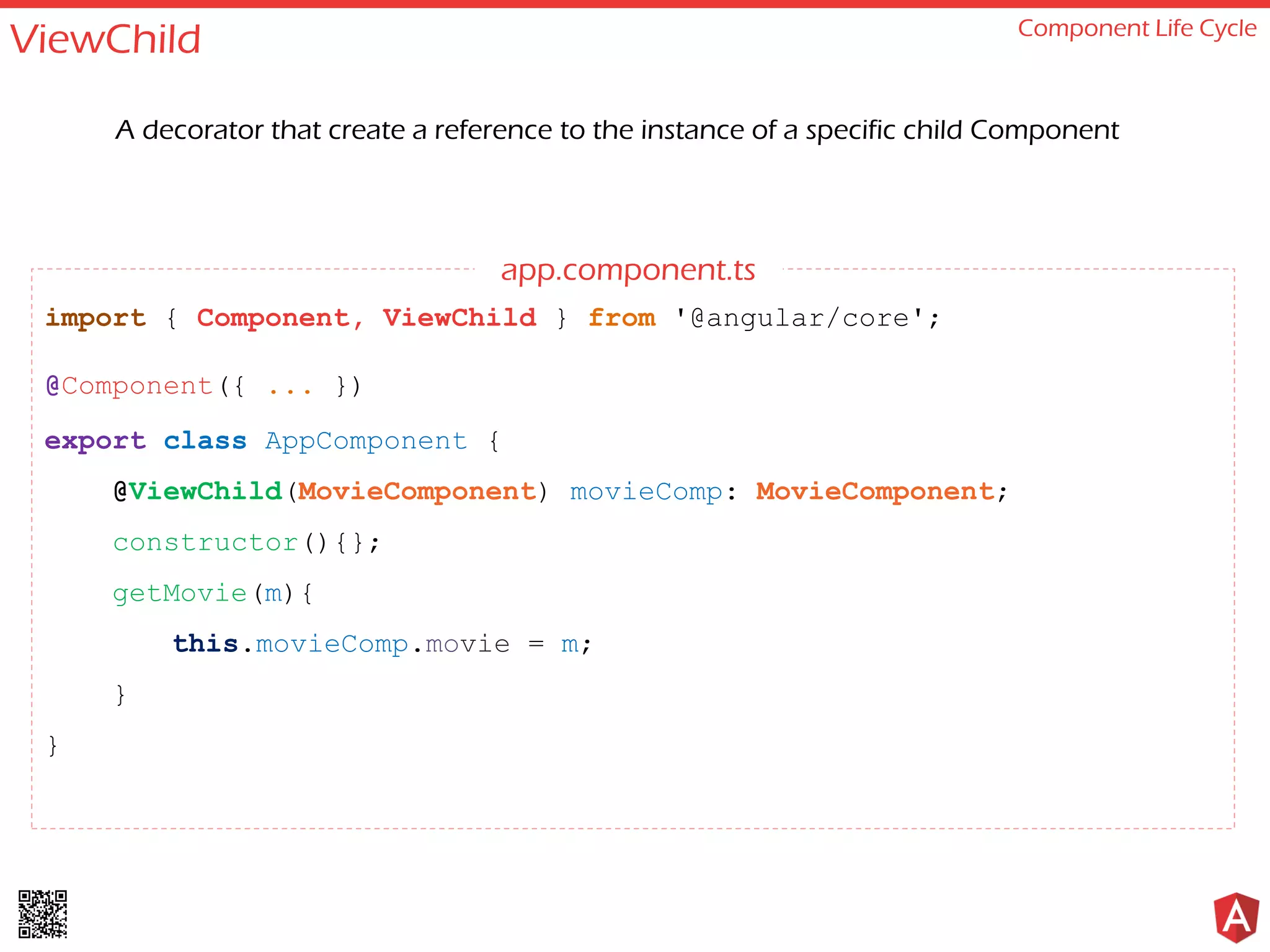ViewChild Component Life Cycle A decorator that create a reference to the instance of a specific child Component import { Component, ViewChild } from '@angular/core'; @Component({ ... }) export class AppComponent { @ViewChild(MovieComponent) movieComp: MovieComponent; constructor(){}; getMovie(m){ this.movieComp.movie = m; } } app.component.ts 