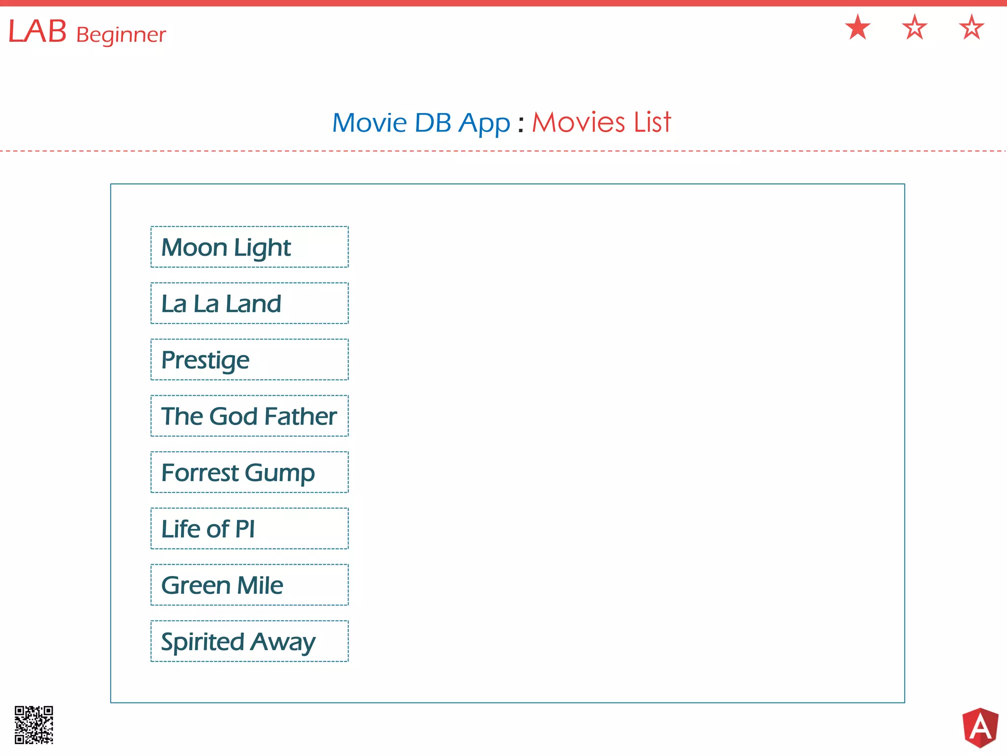 LAB Beginner Movie DB App : Movies List Moon Light La La Land Prestige The God Father Spirited Away Forrest Gump Life of PI Green Mile 