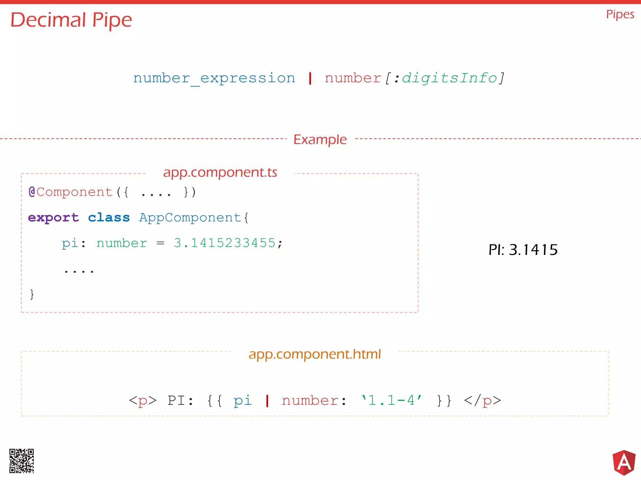 Decimal Pipe Pipes number_expression | number[:digitsInfo] Example @Component({ .... }) export class AppComponent{ pi: number = 3.1415233455; .... } <p> PI: {{ pi | number: ‘1.1-4’ }} </p> app.component.html PI: 3.1415 app.component.ts 