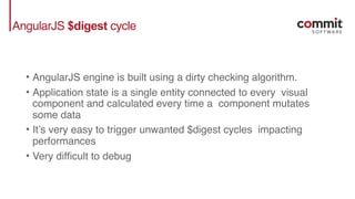 AngularJS $digest cycle
• AngularJS engine is built using a dirty checking algorithm.
• Application state is a single entity connected to every visual
component and calculated every time a component mutates
some data
• It’s very easy to trigger unwanted $digest cycles impacting
performances
• Very difficult to debug
 
