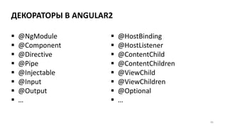 ДЕКОРАТОРЫ В ANGULAR2
66
 @NgModule
 @Component
 @Directive
 @Pipe
 @Injectable
 @Input
 @Output
 …
 @HostBinding
 @HostListener
 @ContentChild
 @ContentChildren
 @ViewChild
 @ViewChildren
 @Optional
 …
 