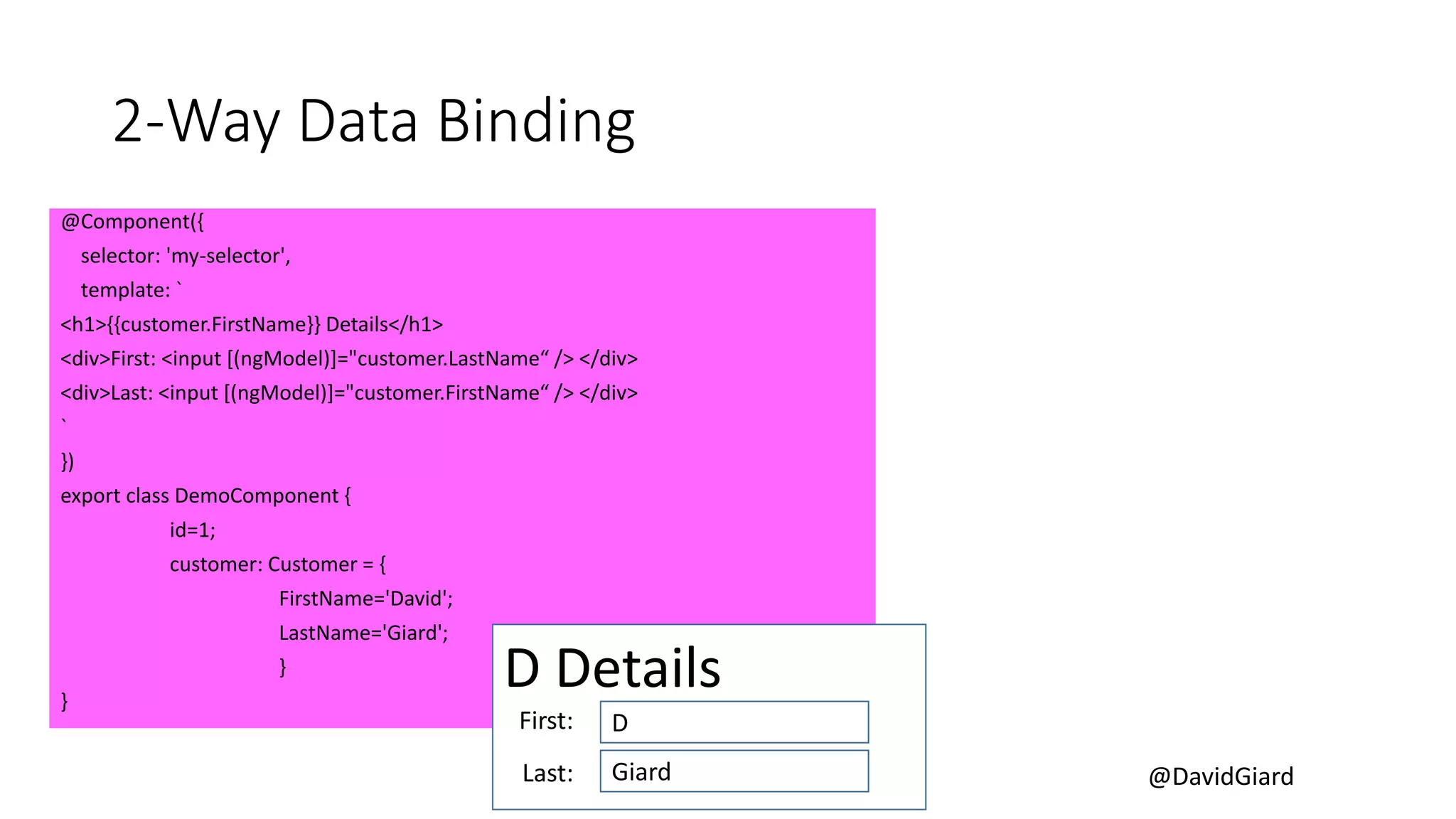 @DavidGiard
2-Way Data Binding
@Component({
selector: 'my-selector',
template: `
<h1>{{customer.FirstName}} Details</h1>
<div>First: <input [(ngModel)]="customer.LastName“ /> </div>
<div>Last: <input [(ngModel)]="customer.FirstName“ /> </div>
`
})
export class DemoComponent {
id=1;
customer: Customer = {
FirstName='David';
LastName='Giard';
}
}
D Details
D
Giard
First:
Last:
 