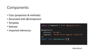 @DavidGiard
Components
• Class (properties & methods)
• Decorated with @Component
• Template
• Selector
• Imported references
 