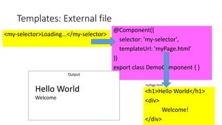 @DavidGiard
<my-selector>Loading...</my-selector>
Templates: External file
@Component({
selector: 'my-selector',
templateUrl: 'myPage.html'
})
export class DemoComponent { }
Output
<h1>Hello World</h1>
<div>
Welcome!
</div>
myPage.html
Hello World
Welcome
 
