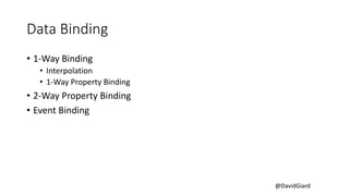 @DavidGiard
Data Binding
• 1-Way Binding
• Interpolation
• 1-Way Property Binding
• 2-Way Property Binding
• Event Binding
 