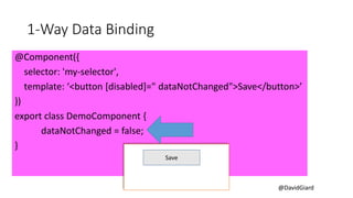 @DavidGiard
1-Way Data Binding
@Component({
selector: 'my-selector',
template: ‘<button [disabled]=" dataNotChanged">Save</button>’
})
export class DemoComponent {
dataNotChanged = false;
}
Save
 