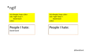 @DavidGiard
*ngIf
<h1>People I hate:</div>
<div *ngIf=“true”>
David Giard
</div>
People I hate:
David Giard
<h1>People I hate:</div>
<div *ngIf=“false”>
David Giard
</div>
People I hate:
 