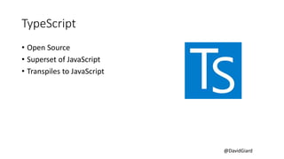 @DavidGiard
TypeScript
• Open Source
• Superset of JavaScript
• Transpiles to JavaScript
 