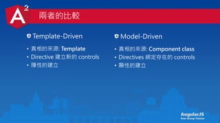 AngularJS
User Group Taiwan
兩者的比較
Template-Driven
• 真相的來源: Template
• Directive 建立新的 controls
• 隱性的建立
• 真相的來源: Component class
• Directives 綁定存在的 controls
• 顯性的建立
Model-Driven
 