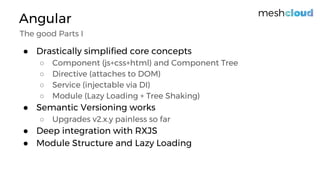 Angular
● Drastically simplified core concepts
○ Component (js+css+html) and Component Tree
○ Directive (attaches to DOM)
○ Service (injectable via DI)
○ Module (Lazy Loading + Tree Shaking)
● Semantic Versioning works
○ Upgrades v2.x.y painless so far
● Deep integration with RXJS
● Module Structure and Lazy Loading
The good Parts I
 