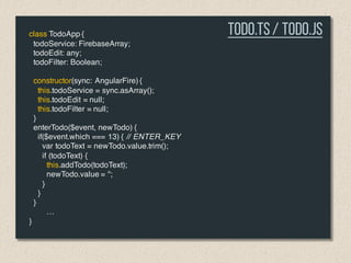 class TodoApp {
todoService: FirebaseArray;
todoEdit: any;
todoFilter: Boolean;
constructor(sync: AngularFire) {
this.todoService = sync.asArray();
this.todoEdit = null;
this.todoFilter = null;
}
enterTodo($event, newTodo) {
if($event.which === 13) { // ENTER_KEY
var todoText = newTodo.value.trim();
if (todoText) {
this.addTodo(todoText);
newTodo.value = '';
}
}
}
…
}
Todo.TS/ Todo.js
 