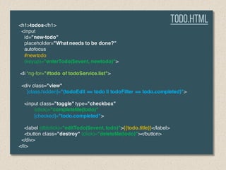 <h1>todos</h1>
<input
id="new-todo"
placeholder="What needs to be done?"
autofocus
#newtodo
(keyup)="enterTodo($event, newtodo)">
<li *ng-for="#todo of todoService.list">
<div class="view"
[class.hidden]="(todoEdit == todo || todoFilter == todo.completed)">
<input class="toggle" type="checkbox"
(click)="completeMe(todo)"
[checked]="todo.completed">
<label (dblclick)="editTodo($event, todo)">{{todo.title}}</label>
<button class="destroy" (click)="deleteMe(todo)"></button>
</div>
</li>
Todo.html
 
