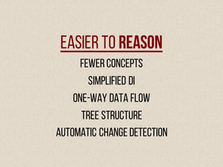 Easier to Reason
Fewerconcepts
Simplified DI
One-way data flow
Tree structure
Automatic Change detection
 