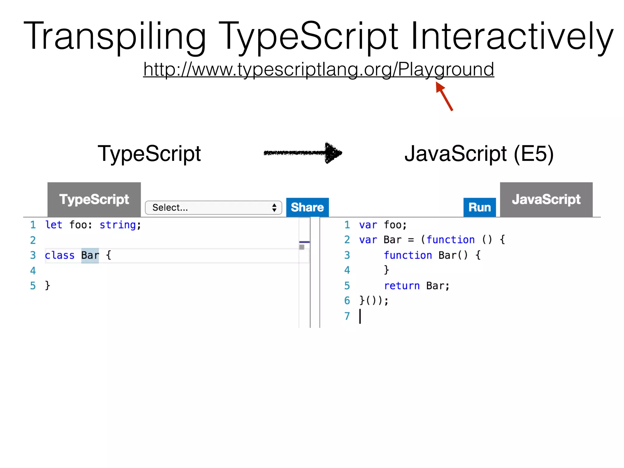 Transpiling TypeScript Interactively 
http://www.typescriptlang.org/Playground
TypeScript JavaScript (E5)
 