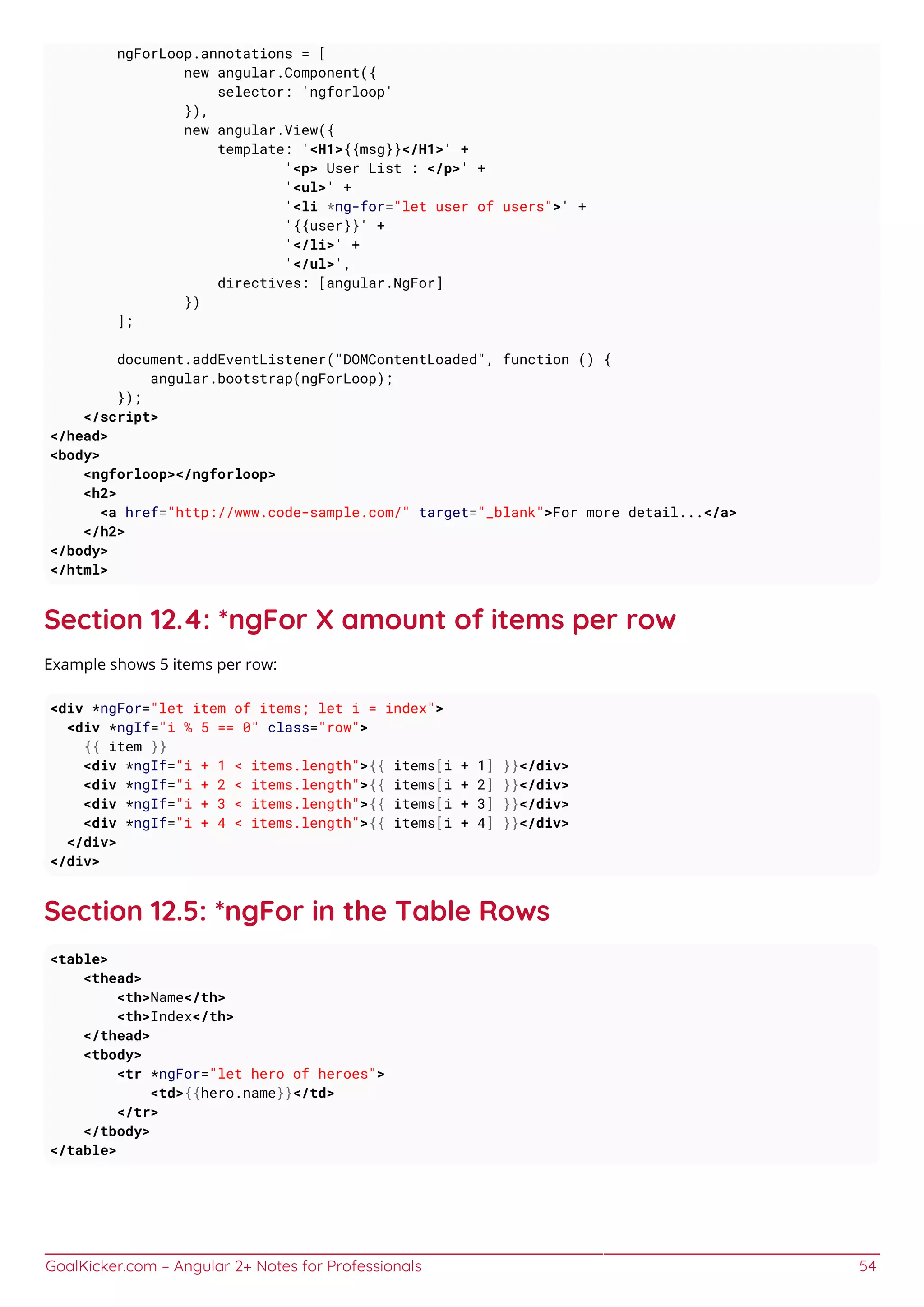 GoalKicker.com – Angular 2+ Notes for Professionals 54
ngForLoop.annotations = [
new angular.Component({
selector: 'ngforloop'
}),
new angular.View({
template: '<H1>{{msg}}</H1>' +
'<p> User List : </p>' +
'<ul>' +
'<li *ng-for="let user of users">' +
'{{user}}' +
'</li>' +
'</ul>',
directives: [angular.NgFor]
})
];
document.addEventListener("DOMContentLoaded", function () {
angular.bootstrap(ngForLoop);
});
</script>
</head>
<body>
<ngforloop></ngforloop>
<h2>
<a href="http://www.code-sample.com/" target="_blank">For more detail...</a>
</h2>
</body>
</html>
Section 12.4: *ngFor X amount of items per row
Example shows 5 items per row:
<div *ngFor="let item of items; let i = index">
<div *ngIf="i % 5 == 0" class="row">
{{ item }}
<div *ngIf="i + 1 < items.length">{{ items[i + 1] }}</div>
<div *ngIf="i + 2 < items.length">{{ items[i + 2] }}</div>
<div *ngIf="i + 3 < items.length">{{ items[i + 3] }}</div>
<div *ngIf="i + 4 < items.length">{{ items[i + 4] }}</div>
</div>
</div>
Section 12.5: *ngFor in the Table Rows
<table>
<thead>
<th>Name</th>
<th>Index</th>
</thead>
<tbody>
<tr *ngFor="let hero of heroes">
<td>{{hero.name}}</td>
</tr>
</tbody>
</table>
 