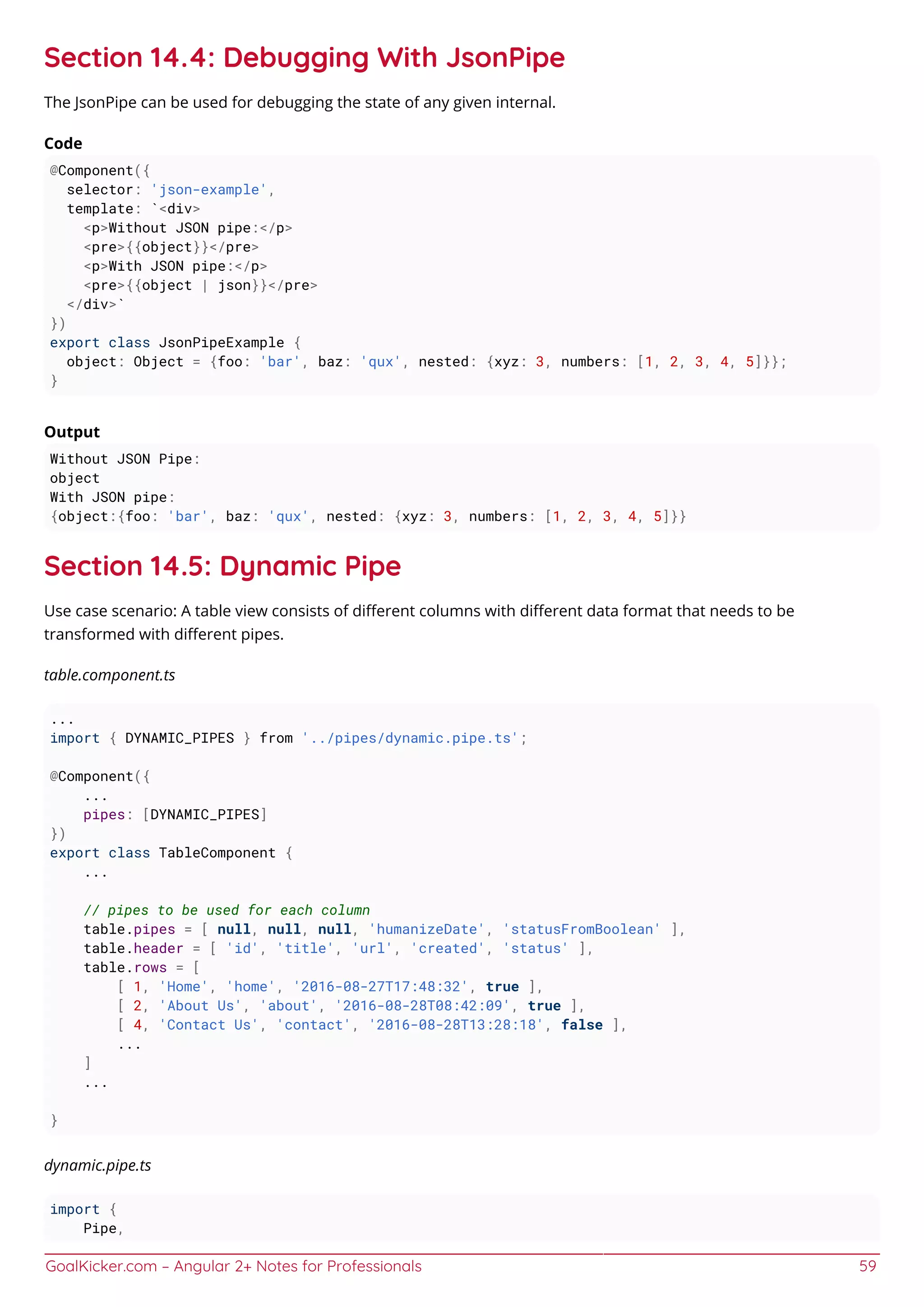 GoalKicker.com – Angular 2+ Notes for Professionals 59
Section 14.4: Debugging With JsonPipe
The JsonPipe can be used for debugging the state of any given internal.
Code
@Component({
selector: 'json-example',
template: `<div>
<p>Without JSON pipe:</p>
<pre>{{object}}</pre>
<p>With JSON pipe:</p>
<pre>{{object | json}}</pre>
</div>`
})
export class JsonPipeExample {
object: Object = {foo: 'bar', baz: 'qux', nested: {xyz: 3, numbers: [1, 2, 3, 4, 5]}};
}
Output
Without JSON Pipe:
object
With JSON pipe:
{object:{foo: 'bar', baz: 'qux', nested: {xyz: 3, numbers: [1, 2, 3, 4, 5]}}
Section 14.5: Dynamic Pipe
Use case scenario: A table view consists of diﬀerent columns with diﬀerent data format that needs to be
transformed with diﬀerent pipes.
table.component.ts
...
import { DYNAMIC_PIPES } from '../pipes/dynamic.pipe.ts';
@Component({
...
pipes: [DYNAMIC_PIPES]
})
export class TableComponent {
...
// pipes to be used for each column
table.pipes = [ null, null, null, 'humanizeDate', 'statusFromBoolean' ],
table.header = [ 'id', 'title', 'url', 'created', 'status' ],
table.rows = [
[ 1, 'Home', 'home', '2016-08-27T17:48:32', true ],
[ 2, 'About Us', 'about', '2016-08-28T08:42:09', true ],
[ 4, 'Contact Us', 'contact', '2016-08-28T13:28:18', false ],
...
]
...
}
dynamic.pipe.ts
import {
Pipe,
 