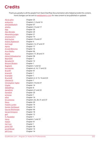 GoalKicker.com – Angular 2+ Notes for Professionals 222
Credits
Thank you greatly to all the people from Stack Overﬂow Documentation who helped provide this content,
more changes can be sent to web@petercv.com for new content to be published or updated
Abrar Jahin Chapter 25
acdcjunior Chapters 1, 8 and 14
ahmadalibaloch Chapter 67
aholtry Chapters 12 and 17
Ajey Chapter 56
Alex Morales Chapter 20
Alexandre Junges Chapter 21
amansoni211 Chapter 19
Amit kumar Chapters 10 and 27
Andrei Zhytkevich Chapter 4
Anil Singh Chapters 12, 27 and 37
Apmis Chapter 17
Arnold Wiersma Chapter 16
Arun Redhu Chapter 66
AryanJ Chapters 17, 30 and 31
Ashok Vishwakarma Chapter 58
Bean0341 Chapter 1
Berseker59 Chapter 12
Bhoomi Bhalani Chapter 1
BogdanC Chapters 1 and 52
borislemke Chapters 4, 14, 17 and 33
BrianRT Chapter 41
brians69 Chapter 1
briantyler Chapter 1
BrunoLM Chapters 2, 4, 13, 14 and 23
cDecker32 Chapter 1
Christopher Taylor Chapters 14 and 27
Chybie Chapter 14
dafyddPrys Chapter 8
daniellmb Chapters 21 and 22
Daredzik Chapter 20
echonax Chapter 1
elliot Chapter 14
Eric Jimenez Chapters 26, 28, 31 and 37
ﬁloxo Chapter 20
Fredrik Lundin Chapter 14
Günter Zöchbauer Chapter 19
Gaurav Mukherjee Chapter 44
Gerard Simpson Chapter 18
gerl Chapter 12
H. Pauwelyn Chapter 1
Harry Chapters 1 and 37
Hatem Chapter 41
He11ion Chapter 1
Jaime Still Chapter 36
Jarod Moser Chapter 14
Jeﬀ Cross Chapter 14
 