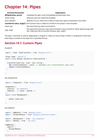 GoalKicker.com – Angular 2+ Notes for Professionals 57
Chapter 14: Pipes
Function/Parameter Explanation
@Pipe({name, pure}) metadata for pipe, must immediately precede pipe class
name: string what you will use inside the template
pure: boolean defaults to true, mark this as false to have your pipe re-evaluated more often
transform( value, args[]? ) the function that is called to transform the values in the template
value: any the value that you want to transform
args: any[]
the arguments that you may need included in your transform. Mark optional args with
the ? operator like so transform(value, arg1, arg2?)
The pipe | character is used to apply pipes in Angular 2. Pipes are very similar to ﬁlters in AngularJS in that they
both help to transform the data into a speciﬁed format.
Section 14.1: Custom Pipes
my.pipe.ts
import { Pipe, PipeTransform } from '@angular/core';
@Pipe({name: 'myPipe'})
export class MyPipe implements PipeTransform {
transform(value:any, args?: any):string {
let transformedValue = value; // implement your transformation logic here
return transformedValue;
}
}
my.component.ts
import { Component } from '@angular/core';
@Component({
selector: 'my-component',
template: `{{ value | myPipe }}`
})
export class MyComponent {
public value:any;
}
my.module.ts
import { NgModule } from '@angular/core';
import { BrowserModule } from '@angular/platform-browser';
import { MyComponent } from './my.component';
import { MyPipe } from './my.pipe';
@NgModule({
imports: [
BrowserModule,
],
 