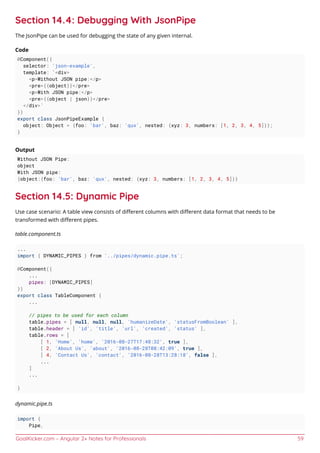 GoalKicker.com – Angular 2+ Notes for Professionals 59
Section 14.4: Debugging With JsonPipe
The JsonPipe can be used for debugging the state of any given internal.
Code
@Component({
selector: 'json-example',
template: `<div>
<p>Without JSON pipe:</p>
<pre>{{object}}</pre>
<p>With JSON pipe:</p>
<pre>{{object | json}}</pre>
</div>`
})
export class JsonPipeExample {
object: Object = {foo: 'bar', baz: 'qux', nested: {xyz: 3, numbers: [1, 2, 3, 4, 5]}};
}
Output
Without JSON Pipe:
object
With JSON pipe:
{object:{foo: 'bar', baz: 'qux', nested: {xyz: 3, numbers: [1, 2, 3, 4, 5]}}
Section 14.5: Dynamic Pipe
Use case scenario: A table view consists of diﬀerent columns with diﬀerent data format that needs to be
transformed with diﬀerent pipes.
table.component.ts
...
import { DYNAMIC_PIPES } from '../pipes/dynamic.pipe.ts';
@Component({
...
pipes: [DYNAMIC_PIPES]
})
export class TableComponent {
...
// pipes to be used for each column
table.pipes = [ null, null, null, 'humanizeDate', 'statusFromBoolean' ],
table.header = [ 'id', 'title', 'url', 'created', 'status' ],
table.rows = [
[ 1, 'Home', 'home', '2016-08-27T17:48:32', true ],
[ 2, 'About Us', 'about', '2016-08-28T08:42:09', true ],
[ 4, 'Contact Us', 'contact', '2016-08-28T13:28:18', false ],
...
]
...
}
dynamic.pipe.ts
import {
Pipe,
 