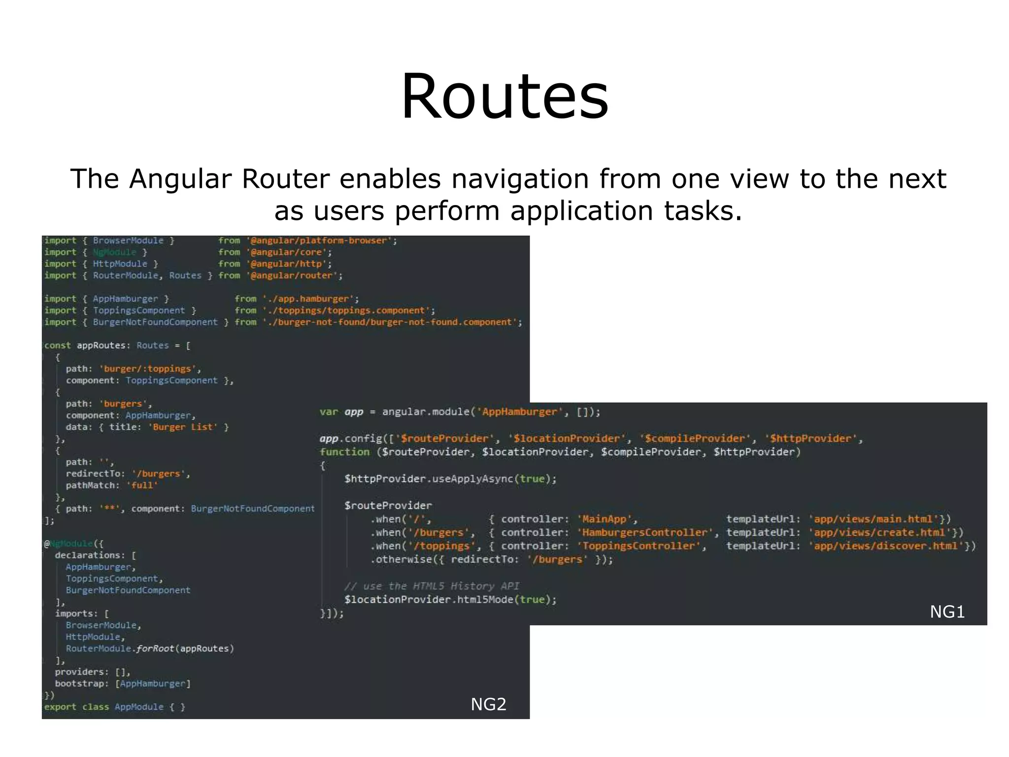Routes
The Angular Router enables navigation from one view to the next
as users perform application tasks.
NG2
NG1
 