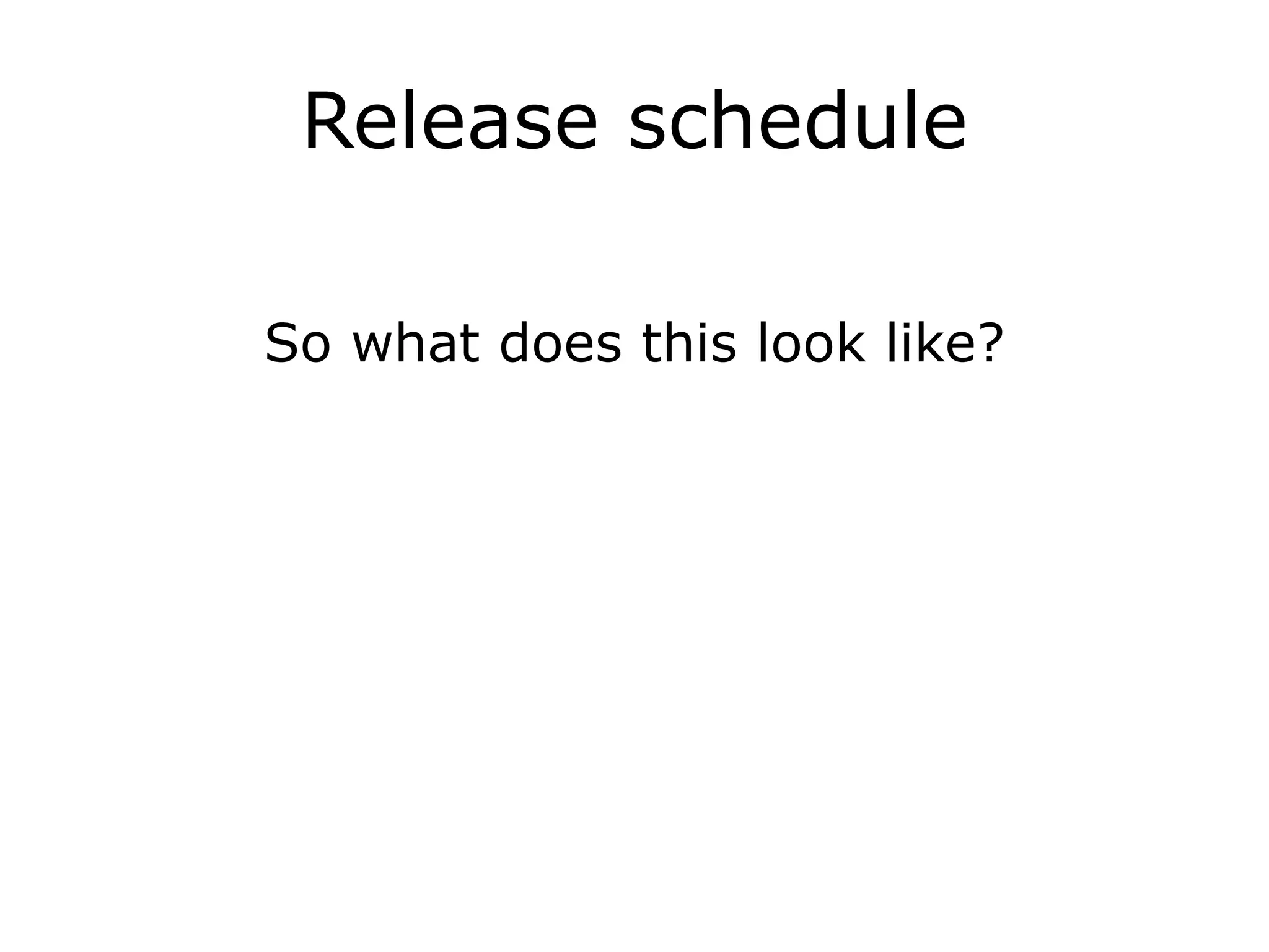 Release schedule
So what does this look like?
 