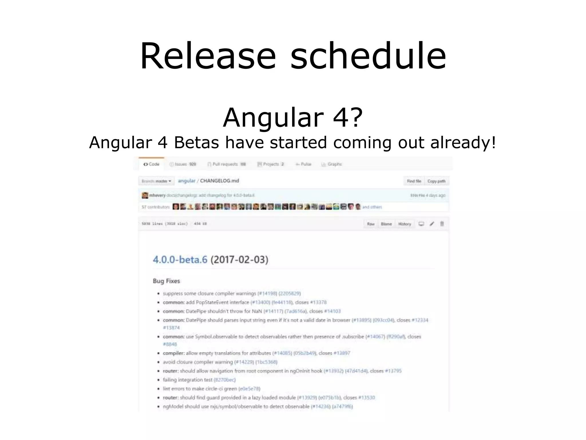 Release schedule
Angular 4?
Angular 4 Betas have started coming out already!
 