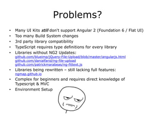Problems?
• Many UI Kits still don't support Angular 2 (Foundation 6 / Flat UI)
• Too many Build System changes
• 3rd party library compatibility
• TypeScript requires type definitions for every library
• Libraries without NG2 Updates:
github.com/blueimp/jQuery-File-Upload/blob/master/angularjs.html
github.com/danialfarid/ng-file-upload
github.com/patrickmarabeas/ng-fittext.js
• Libraries being rewritten – still lacking full features:
ngmap.github.io
• Complex for beginners and requires direct knowledge of
Typescript & MVC
• Environment Setup
 