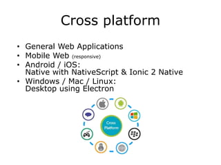 Cross platform
• General Web Applications
• Mobile Web (responsive)
• Android / iOS:
Native with NativeScript & Ionic 2 Native
• Windows / Mac / Linux:
Desktop using Electron
 