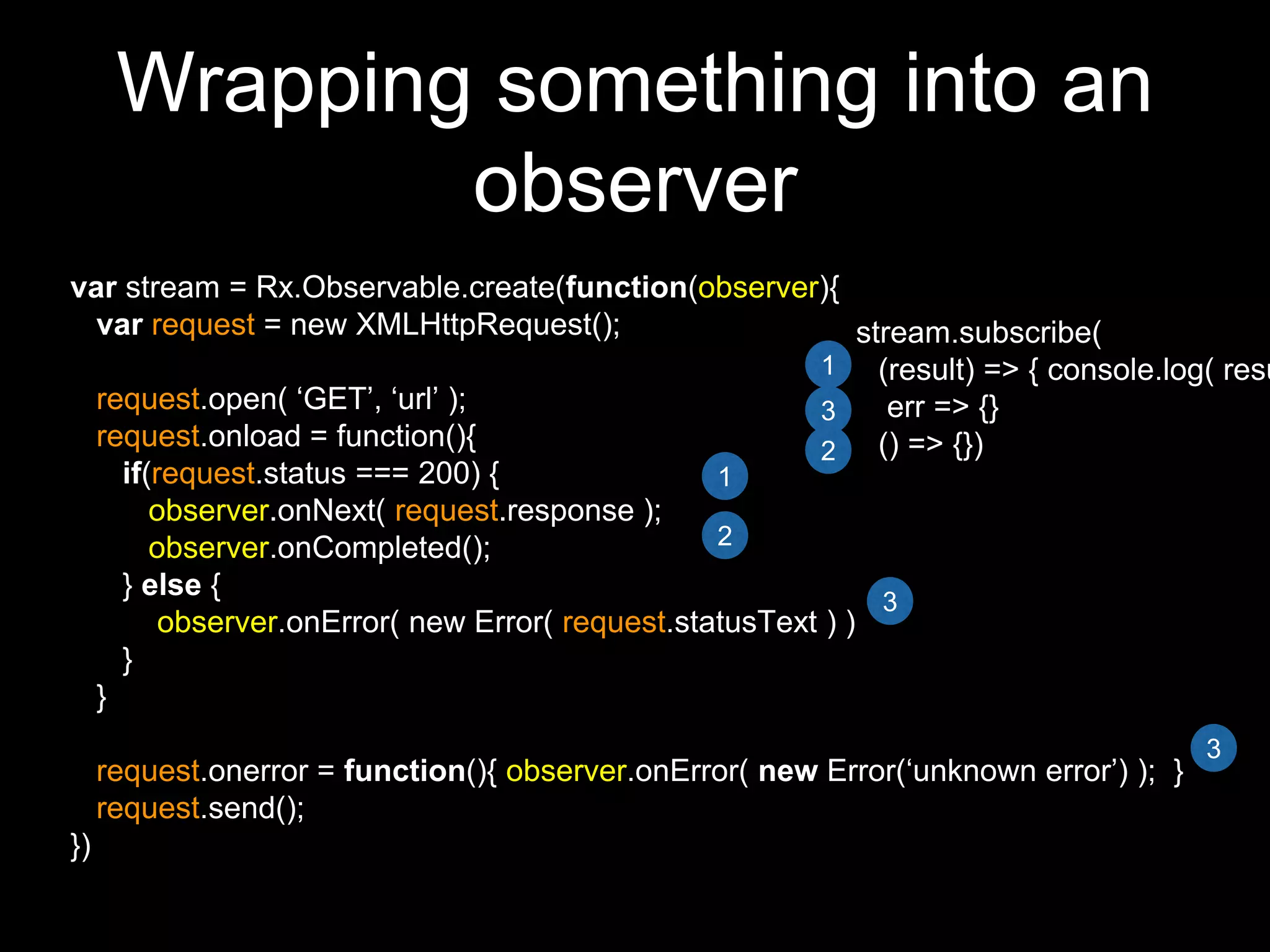 Wrapping something into an
observer
var stream = Rx.Observable.create(function(observer){
var request = new XMLHttpRequest();
request.open( ‘GET’, ‘url’ );
request.onload = function(){
if(request.status === 200) {
observer.onNext( request.response );
observer.onCompleted();
} else {
observer.onError( new Error( request.statusText ) )
}
}
request.onerror = function(){ observer.onError( new Error(‘unknown error’) ); }
request.send();
})
1
2
3
3
stream.subscribe(
(result) => { console.log( resu
err => {}
() => {})
1
3
2
 
