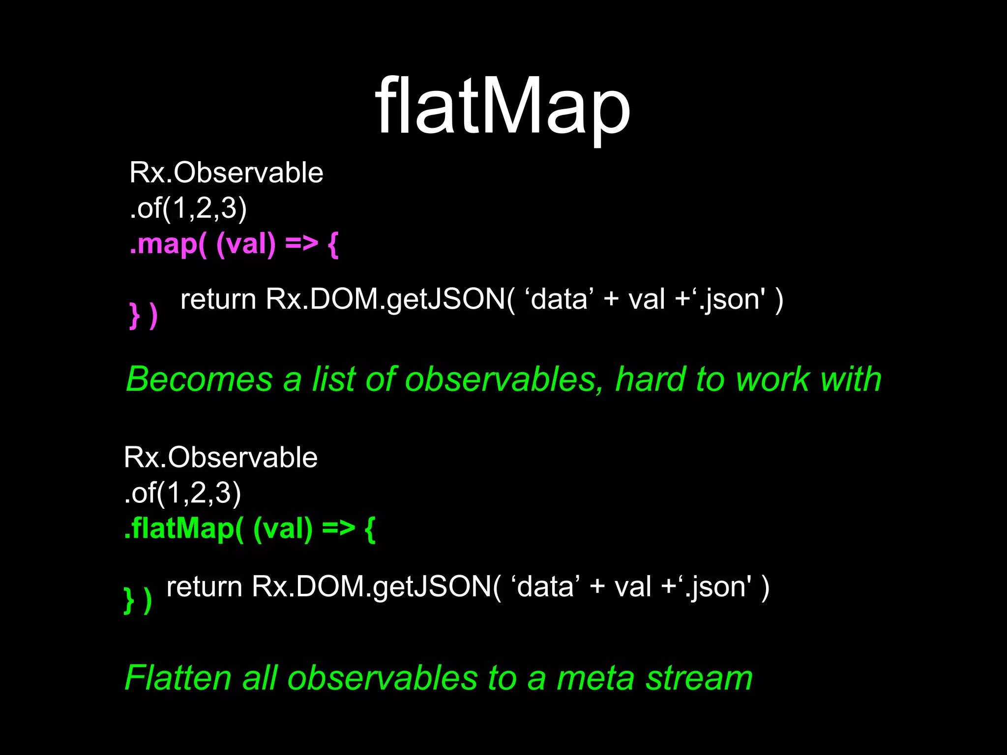 flatMap
Rx.Observable
.of(1,2,3)
.map( (val) => {
} )
return Rx.DOM.getJSON( ‘data’ + val +‘.json' )
Becomes a list of observables, hard to work with
Rx.Observable
.of(1,2,3)
.flatMap( (val) => {
} ) return Rx.DOM.getJSON( ‘data’ + val +‘.json' )
Flatten all observables to a meta stream
 