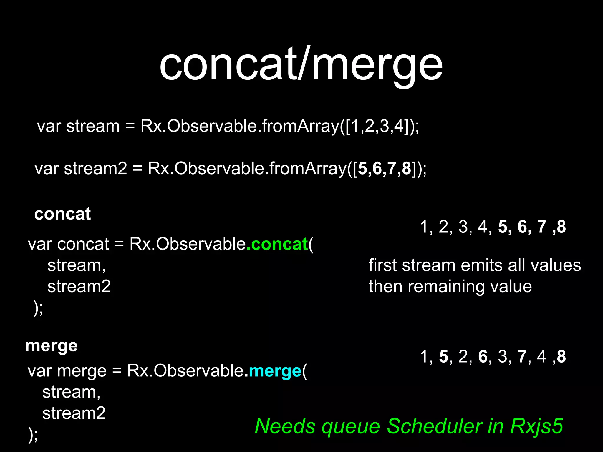concat/merge
concat
merge
var concat = Rx.Observable.concat(
stream,
stream2
);
var stream = Rx.Observable.fromArray([1,2,3,4]);
var stream2 = Rx.Observable.fromArray([5,6,7,8]);
1, 2, 3, 4, 5, 6, 7 ,8
var merge = Rx.Observable.merge(
stream,
stream2
);
1, 5, 2, 6, 3, 7, 4 ,8
first stream emits all values
then remaining value
Needs queue Scheduler in Rxjs5
 