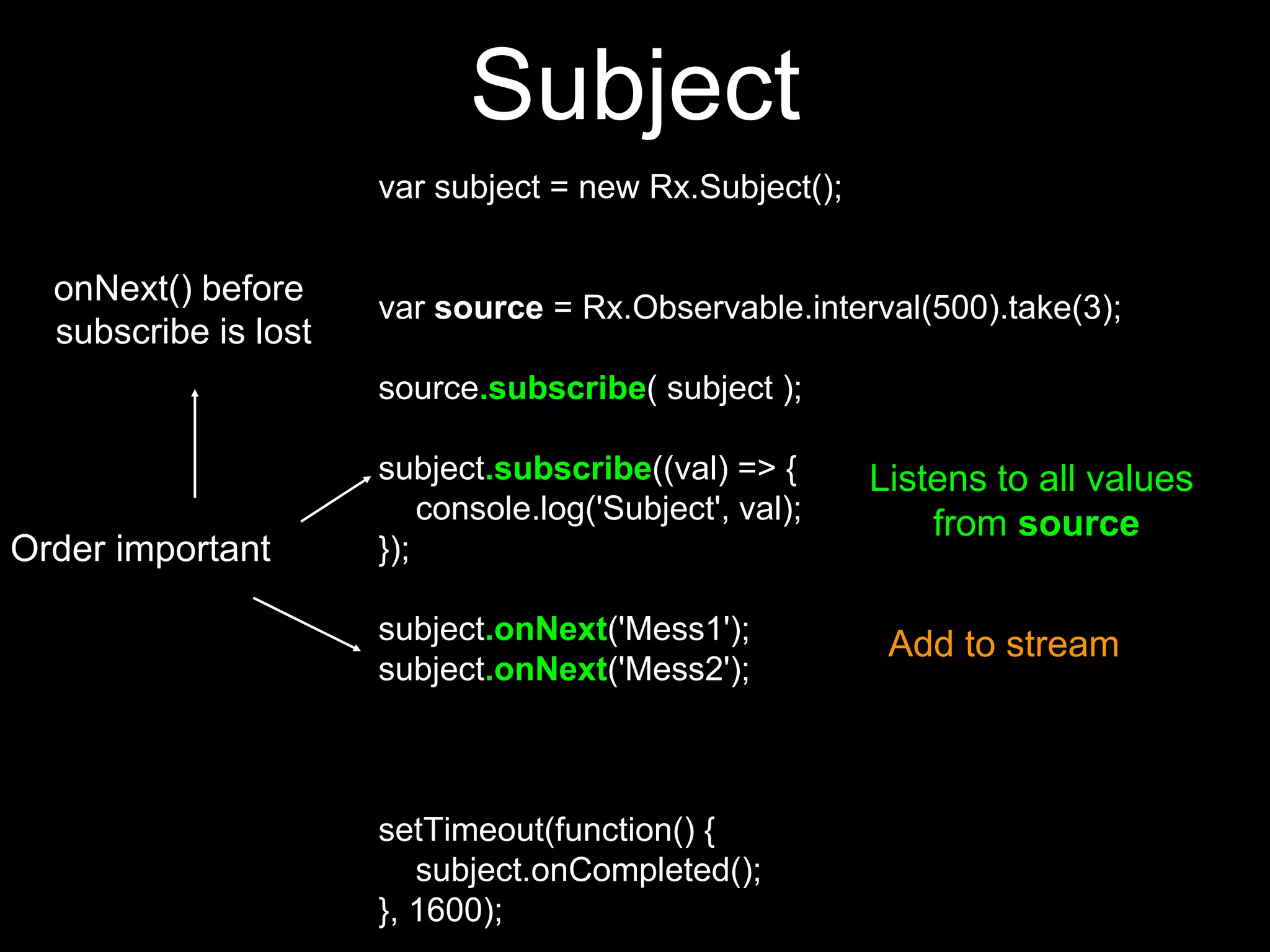 var subject = new Rx.Subject();
var source = Rx.Observable.interval(500).take(3);
source.subscribe( subject );
subject.subscribe((val) => {
console.log('Subject', val);
});
subject.onNext('Mess1');
subject.onNext('Mess2');
setTimeout(function() {
subject.onCompleted();
}, 1600);
Listens to all values
from source
Add to stream
Order important
Subject
onNext() before
subscribe is lost
 