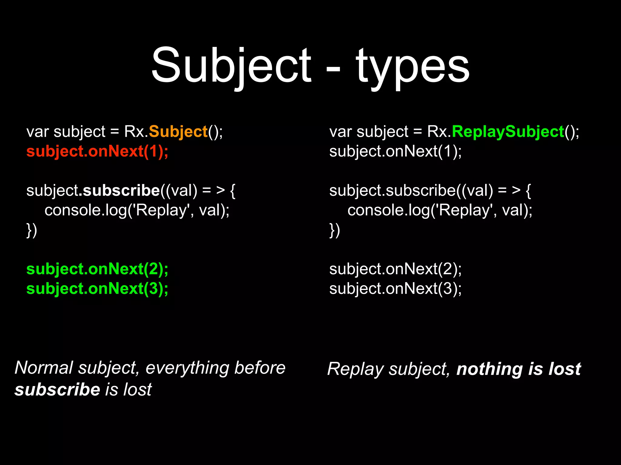 var subject = Rx.ReplaySubject();
subject.onNext(1);
subject.subscribe((val) = > {
console.log('Replay', val);
})
subject.onNext(2);
subject.onNext(3);
var subject = Rx.Subject();
subject.onNext(1);
subject.subscribe((val) = > {
console.log('Replay', val);
})
subject.onNext(2);
subject.onNext(3);
Normal subject, everything before
subscribe is lost
Replay subject, nothing is lost
Subject - types
 