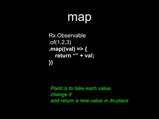 map
Rx.Observable
.of(1,2,3)
.map((val) => {
return “” + val;
})
Point is to take each value,
change it
and return a new value in its place
 