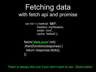 Fetching data
with fetch api and promise
fetch(‘data.json',init)
.then(function(response) {
return response.blob();
})
var init = { method: 'GET',
headers: myHeaders,
mode: 'cors',
cache: 'default' };
There is always this one if you don’t want to use Observables
 
