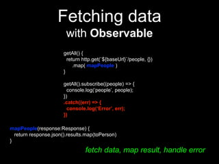 Fetching data
with Observable
getAll() {
return http.get(`${baseUrl}`/people, {})
.map( mapPeople )
}
getAll().subscribe((people) => {
console.log(‘people’, people);
})
.catch((err) => {
console.log(‘Error’, err);
})
mapPeople(response:Response) {
return response.json().results.map(toPerson)
}
fetch data, map result, handle error
 
